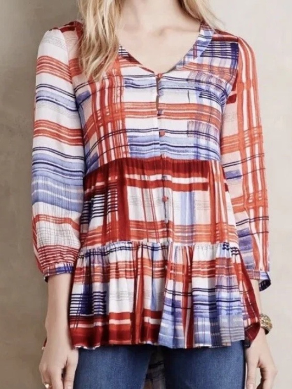 Maeve by Anthropologie Plaid Tiered Babydoll Blouse